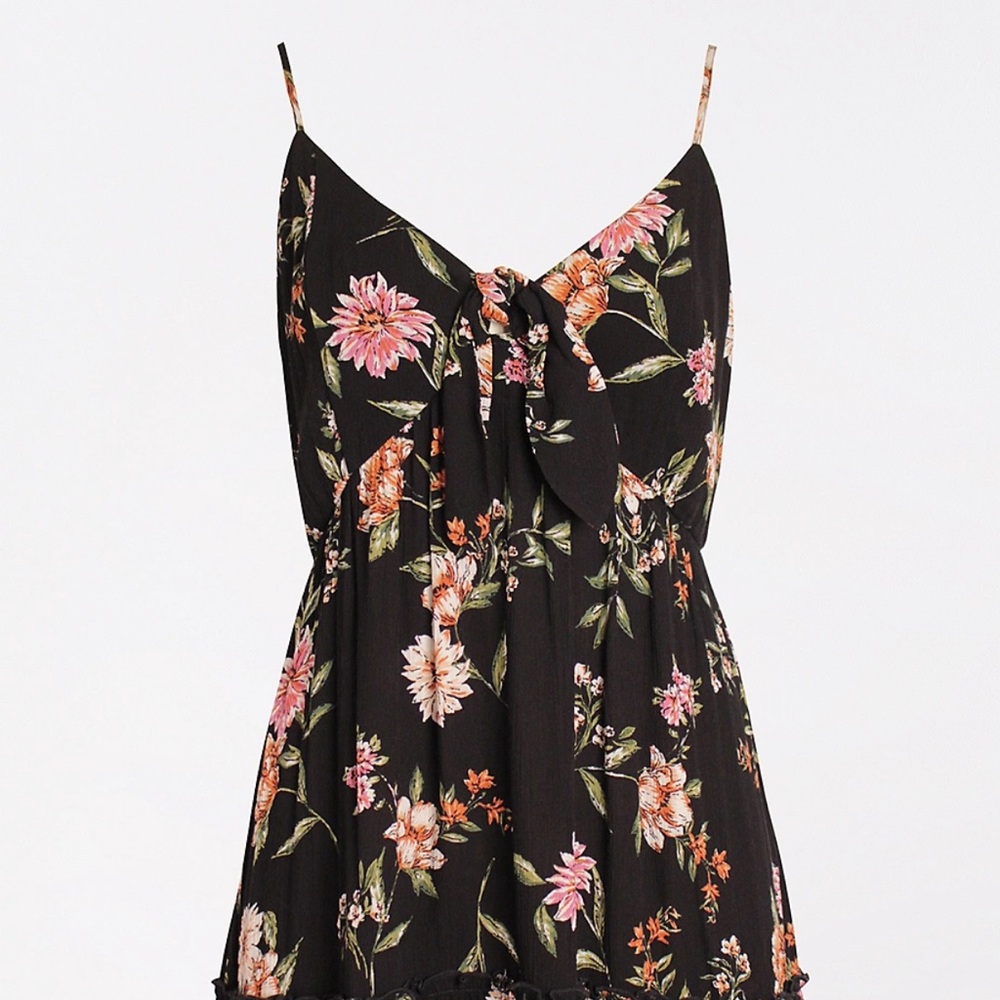 Black Floral Tie Front Babydoll Swing Dress